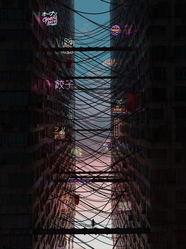 动漫分区代表作品封面，赛博都市天际线上的飞行器剪影，紫粉渐变晚霞